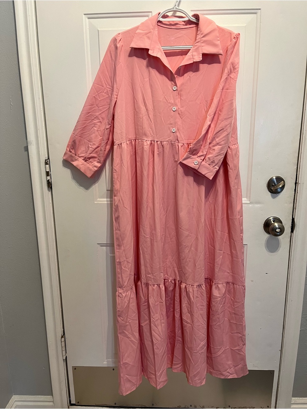 Soft Pink Collared Maxi Dress with Tiered Skirt